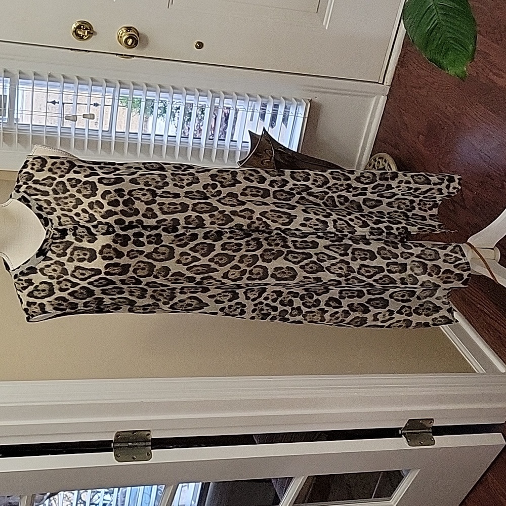 Zara Basic black tan cream animal print maxi sleeveless Dress buttons M EUC …